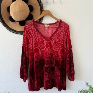Sundance Red Velvet Burnout Silk Blend V-Neck Boho Blouse Top Size Large